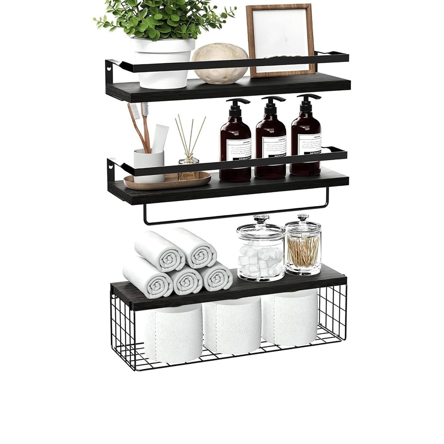 3 Pack Floating Shelves for Wall Wooden Floating Shelves with basket bathroom floating shelf for organizing and storage - Image 2