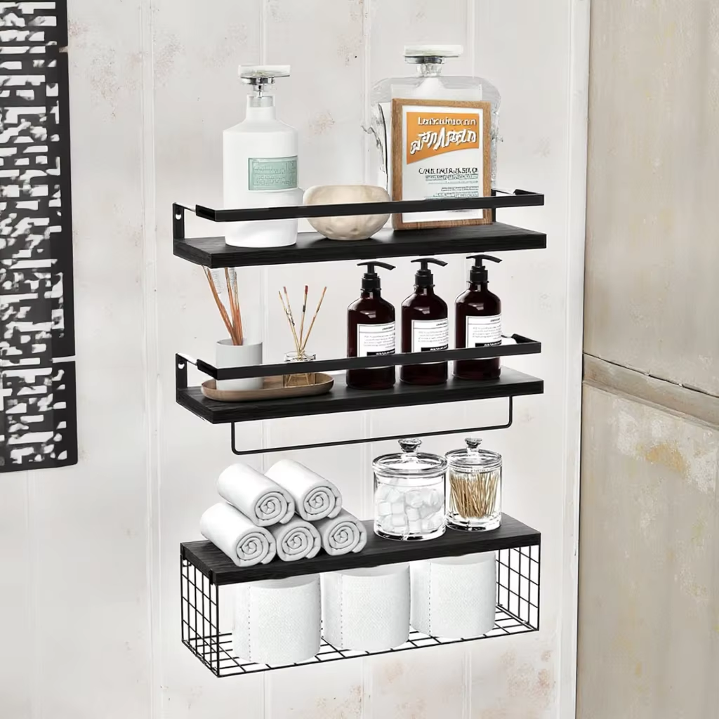 3 Pack Floating Shelves for Wall Wooden Floating Shelves with basket bathroom floating shelf for organizing and storage - Image 6