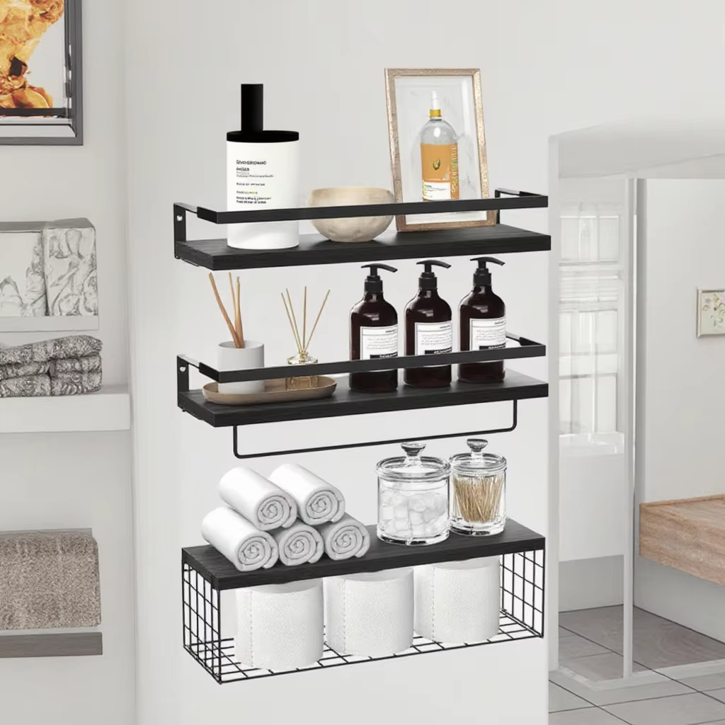 3 Pack Floating Shelves for Wall Wooden Floating Shelves with basket bathroom floating shelf for organizing and storage - Image 7