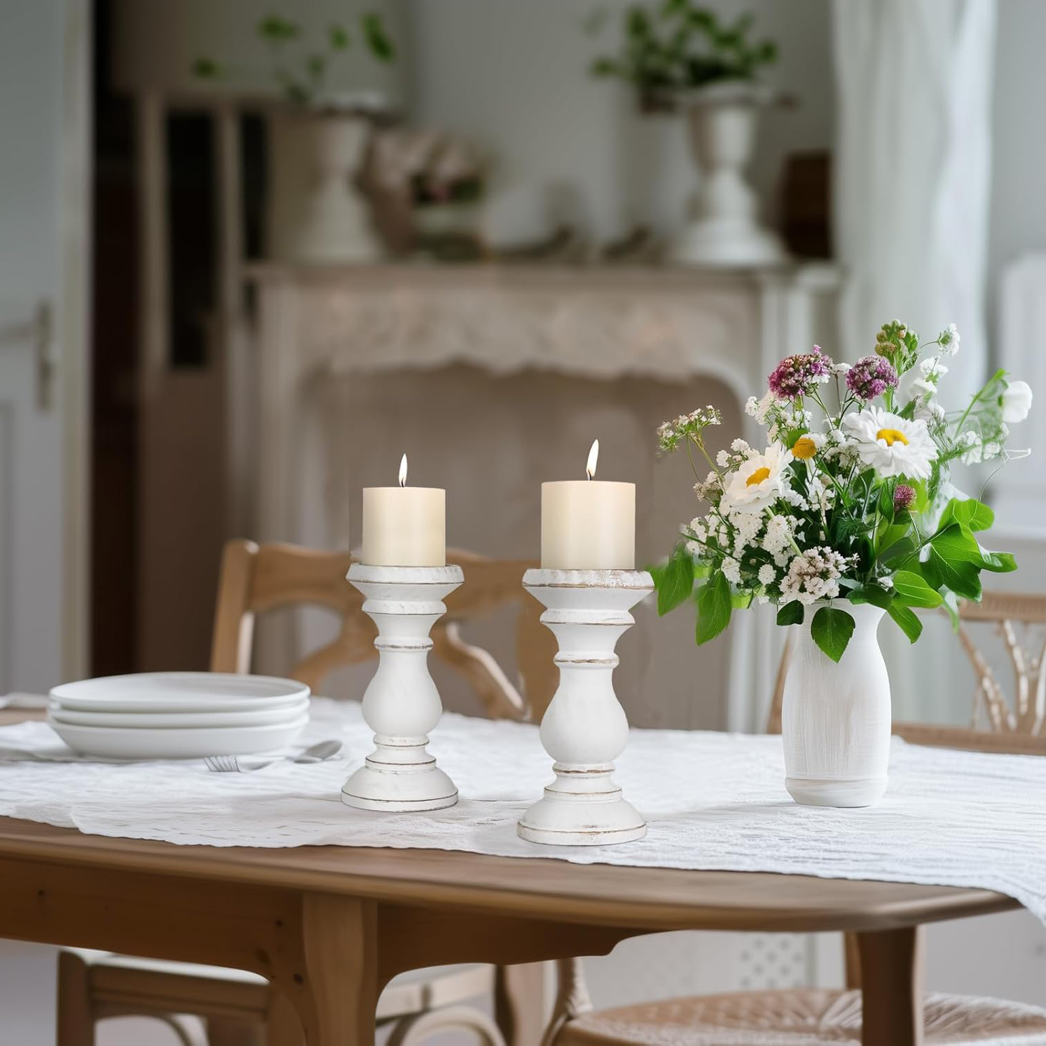 Wood Candle Holder for Pillar Candle Set of 2 Farmhouse Wood Candle Stand Rustic Vintage Candlestick Table Centerpiece Decor - Image 5