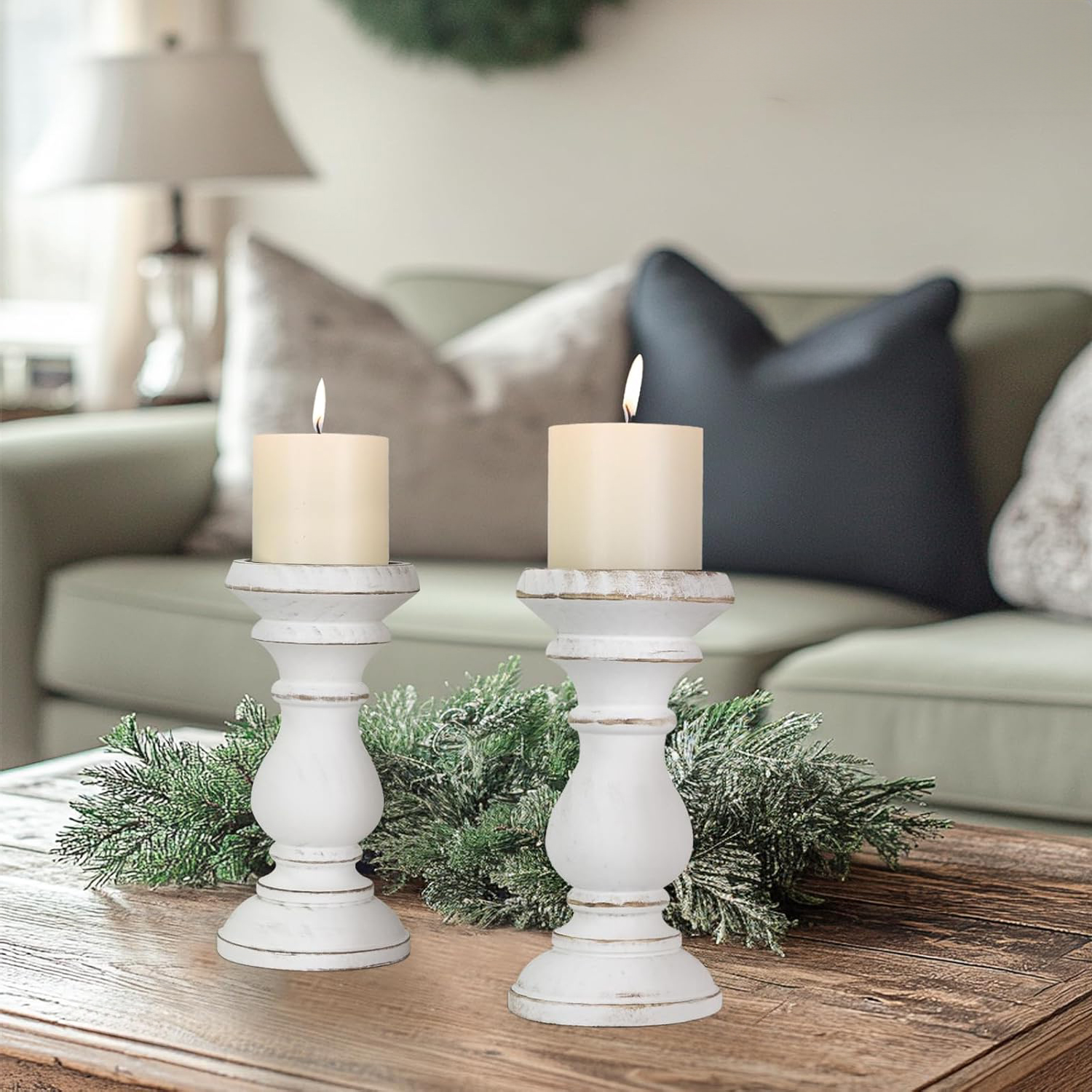 Wood Candle Holder for Pillar Candle Set of 2 Farmhouse Wood Candle Stand Rustic Vintage Candlestick Table Centerpiece Decor - Image 6