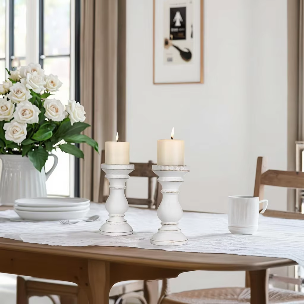 Wood Candle Holder for Pillar Candle Set of 2 Farmhouse Wood Candle Stand Rustic Vintage Candlestick Table Centerpiece Decor - Image 7