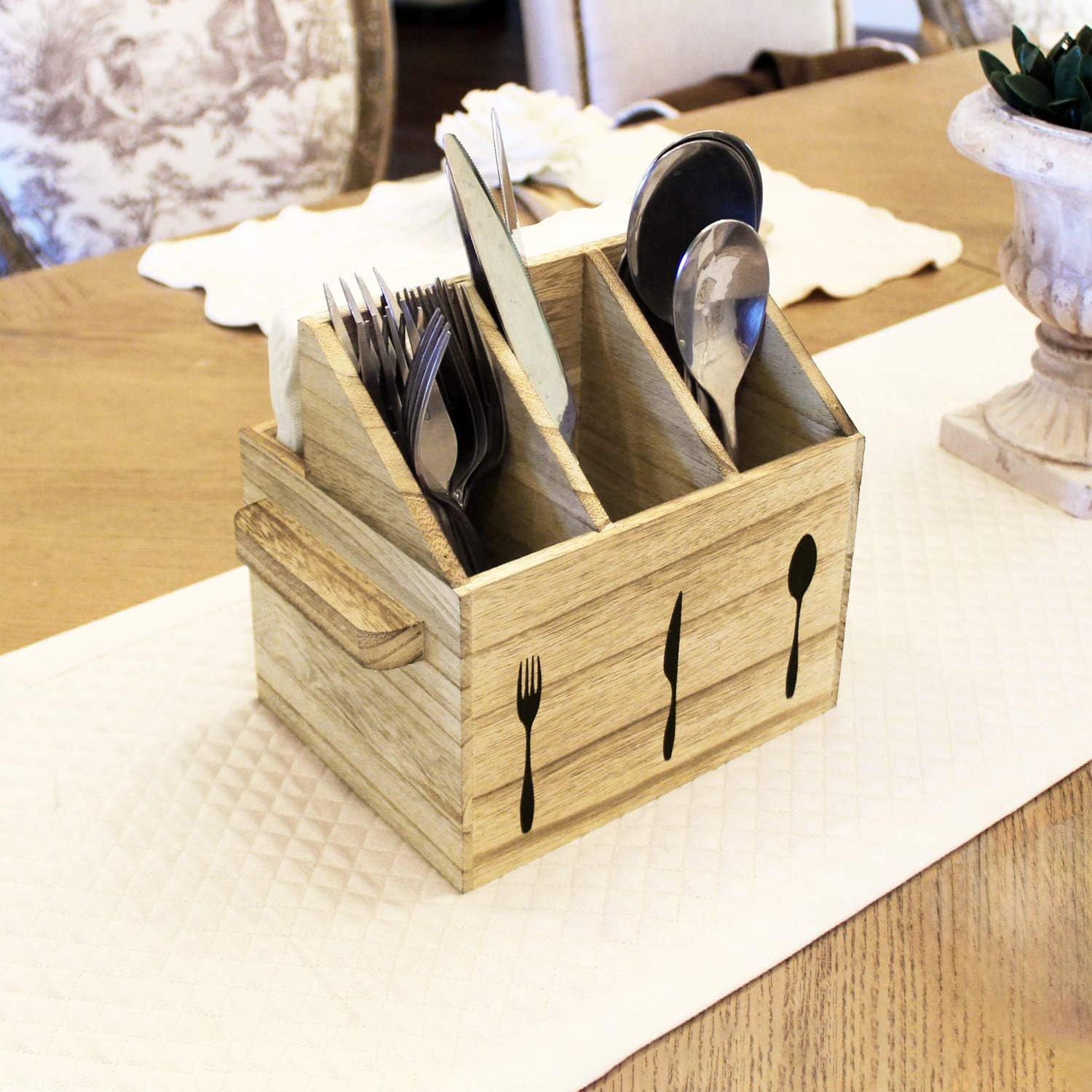 Handcrafted Wooden Rectangle Utensil Holder with Handles Multifunction Silverware Holder for Countertop Kitchen Picnic & Camping - Image 4