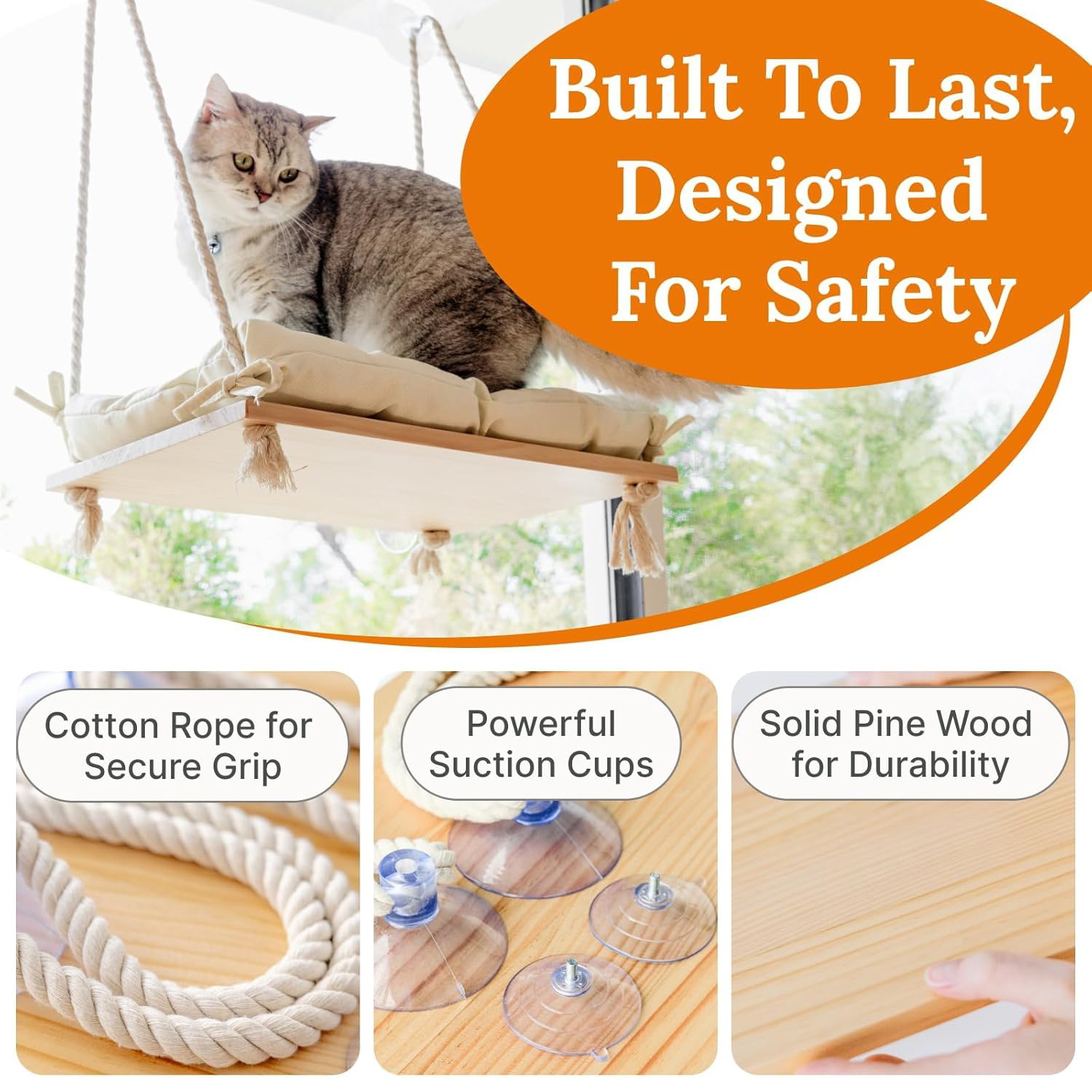 Cat Window Perch Hammock Bed Solid Wood Seat with 4 Strong Suction Cups Soft Cushion Indoor Pet Shelf - Image 3