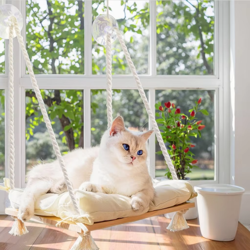 Cat Window Perch Hammock Bed Solid Wood Seat with 4 Strong Suction Cups Soft Cushion Indoor Pet Shelf - Image 6