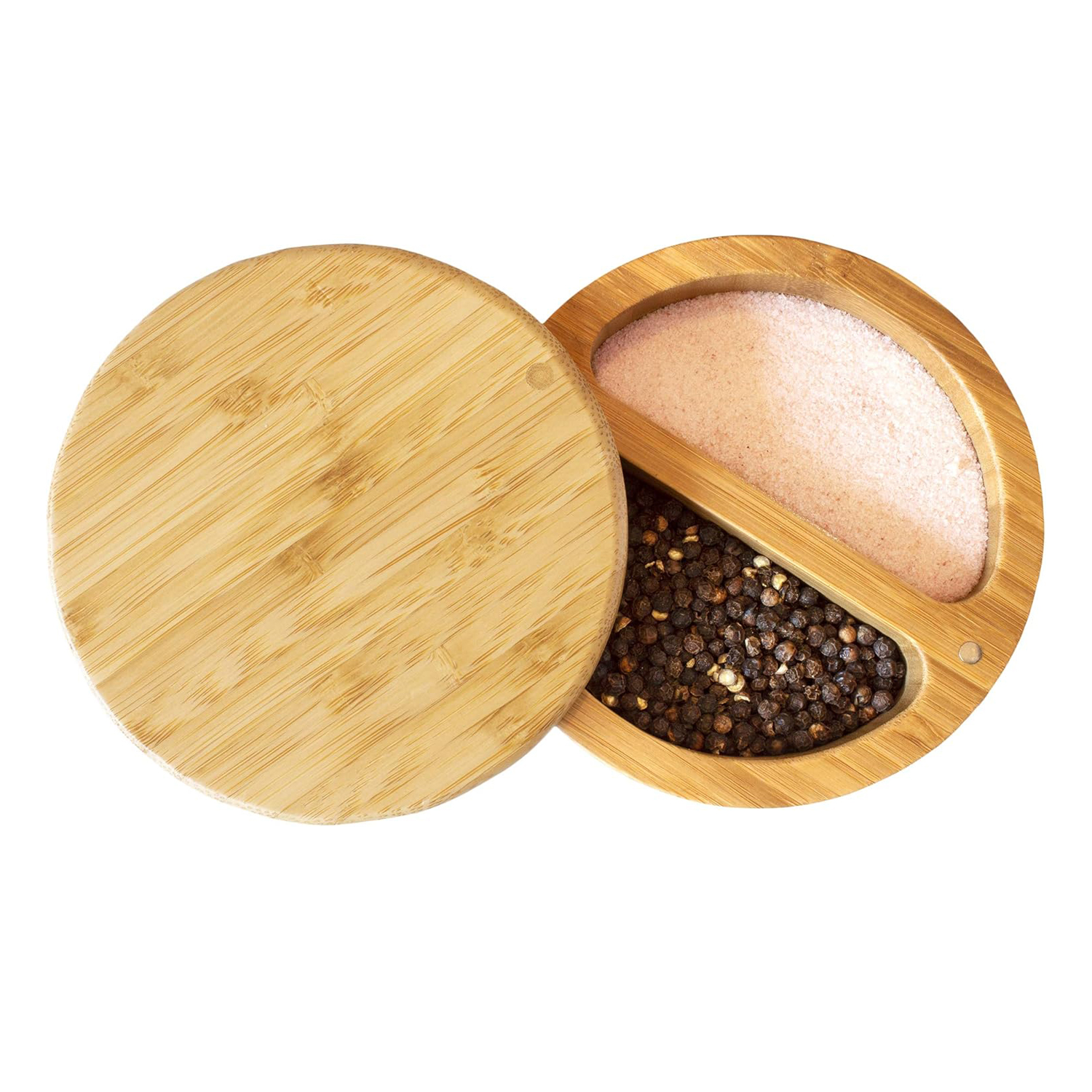 Bamboo Salt Keeper Box Dual Compartment with Magnetic Swivel Lids for Salt Pepper Spices 8 Ounce - Image 2
