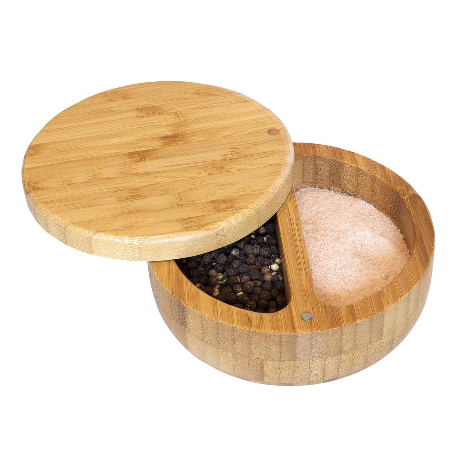 Bamboo Salt Keeper Box Dual Compartment with Magnetic Swivel Lids for Salt Pepper Spices 8 Ounce - Image 4