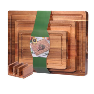 Acacia Wood Cutting Board Wood Cutting Board for Kitchen with Holder with Deep Juice Grooves Wooden Chopping Board for Meat Vegetables Set of 3