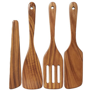 Wooden Spatula for Cooking Teak Spatulas for Kitchen Use  Wooden Cooking Utensils Set of 4 including Paddle Slotted Spurtle and Wood Scraper