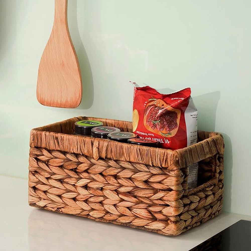 Small Rectangular Storage Basket - Woven Rattan Seagrass Holder in Classic Brown for Shelves, Bathroom, Kitchen - Image 6