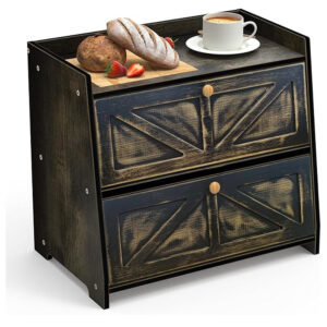 Retro Black Bread Storage Box - 2-Tier Bamboo Organizer for Countertop, Keeps Bread Fresh & Tools Tidy