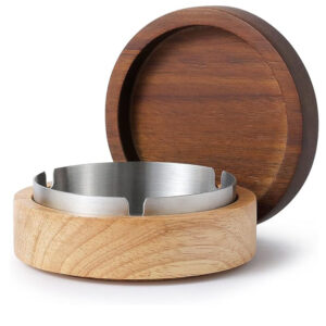 Modern Wood Ashtray with Stainless Steel Insert - Durable & Easy Clean for Outdoor Patio and Home Desk