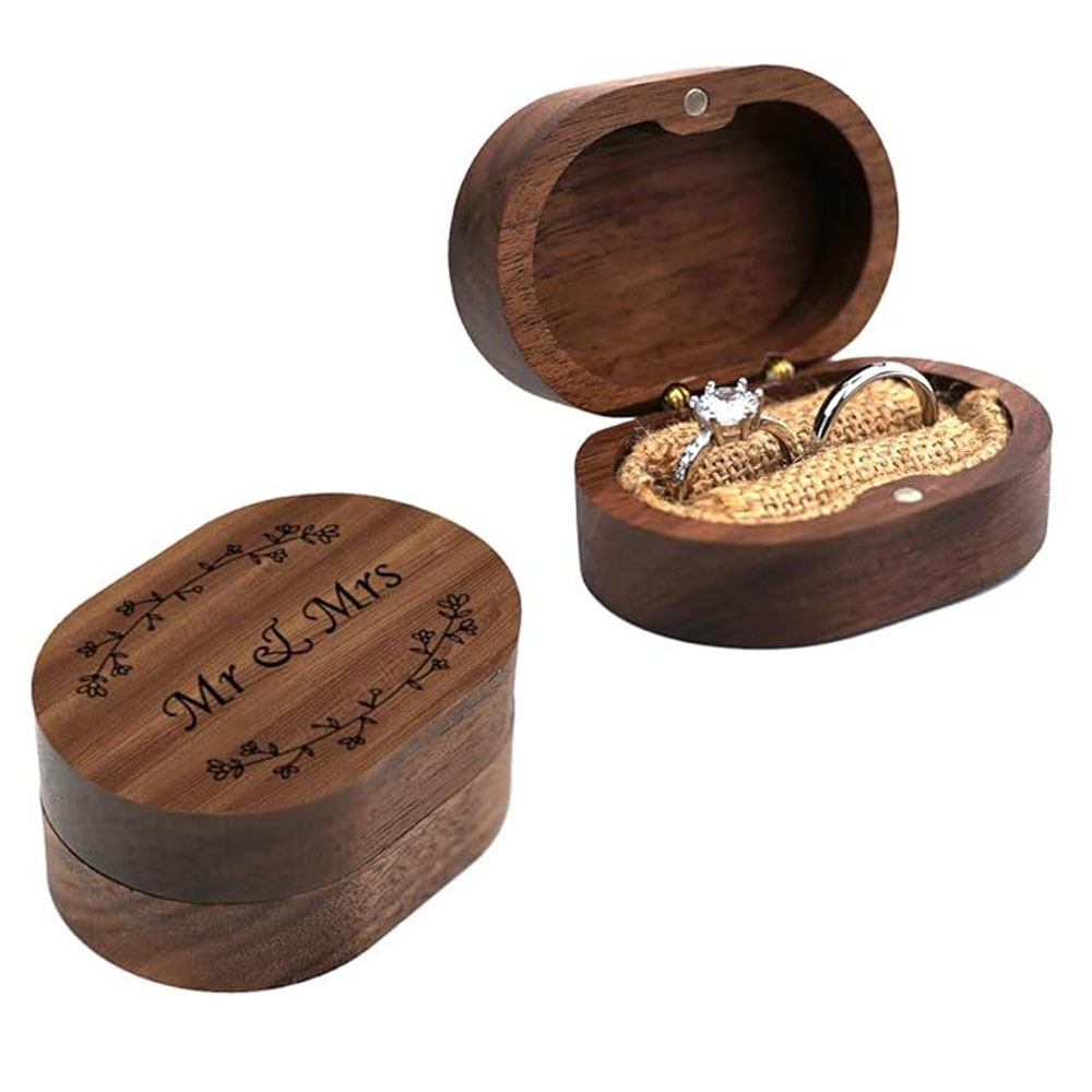 Rustic Mr & Mrs Carved Wood Ring Box Wedding Ceremony Engagement Ring Holder Gift for Proposals - Image 2