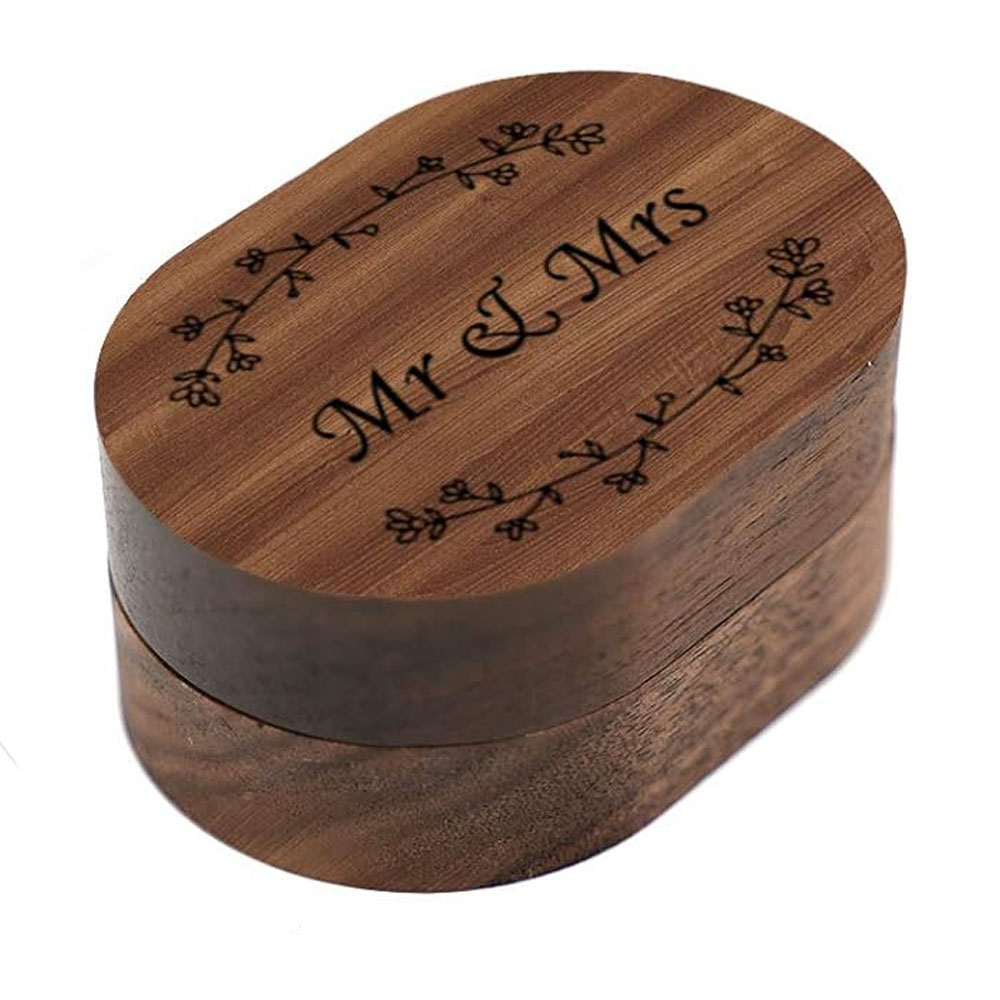 Rustic Mr & Mrs Carved Wood Ring Box Wedding Ceremony Engagement Ring Holder Gift for Proposals