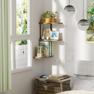 Rustic Farmhouse Corner Shelf - 3-Tier Carbonized Black Wood Wall Shelves for Living Room, Bathroom, Bedroom