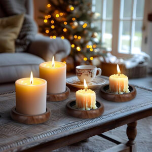 Farmhouse Candle Holder Set of 4 - Rustic Wooden Tray with Multiple Stands for Pillar Candles