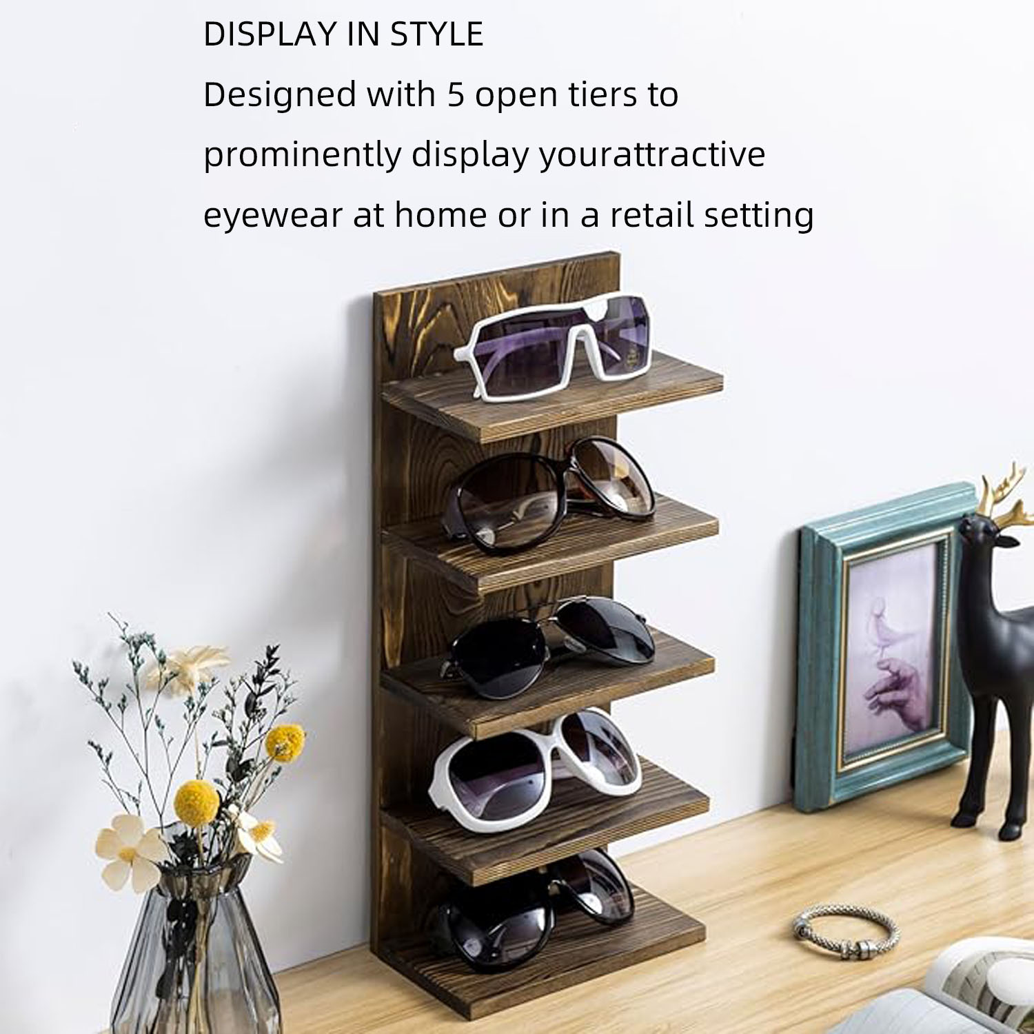 Rustic Wood Sunglasses Display Stand for Retail - 5-Tier Store Merchandiser & Home Organizer - Image 4