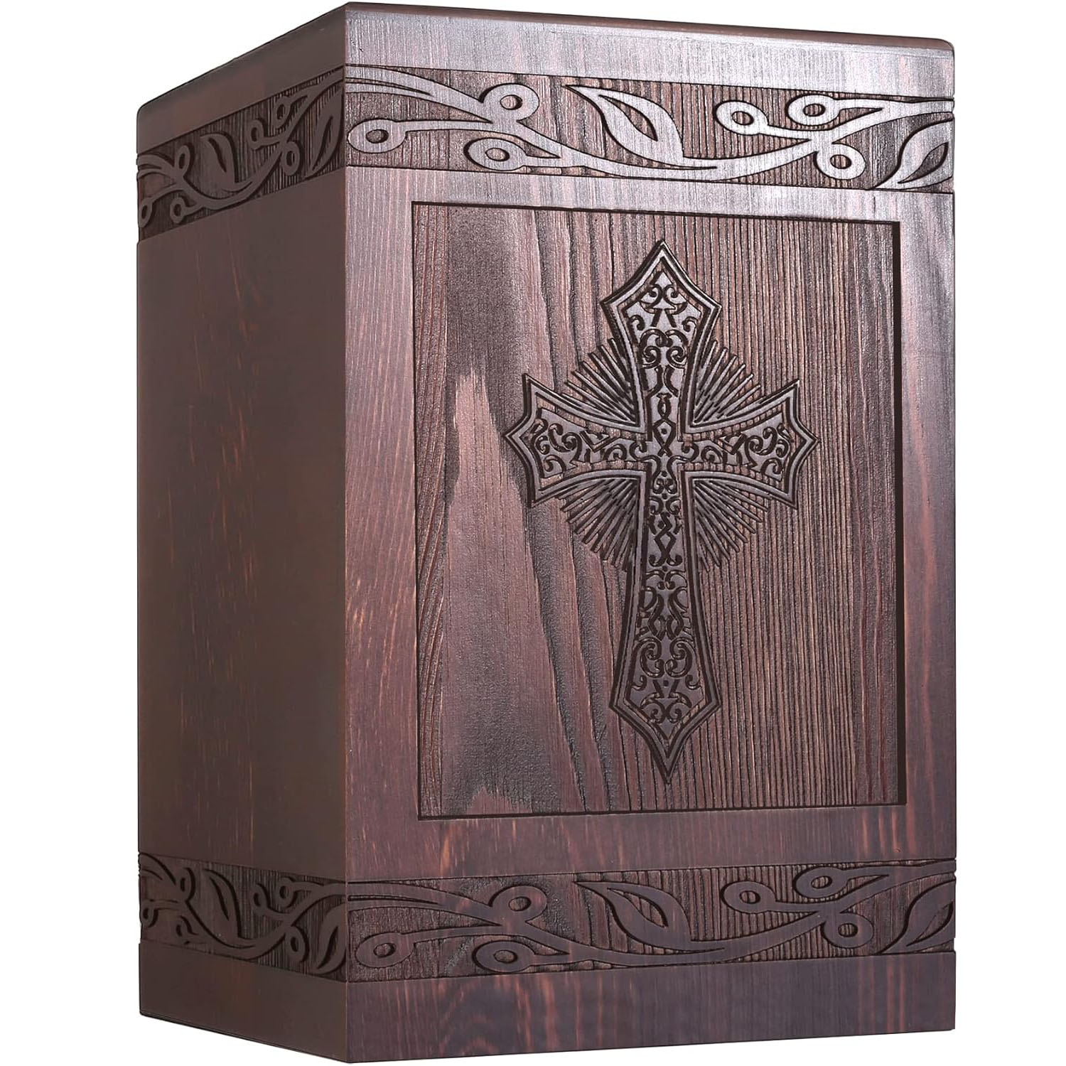 Hand-Carved Cross Urn for Ashes - 222 Cu In Solid Wood Cremation Urn for Human & Pet Ashes (Adult, Child, Cats, Dogs)